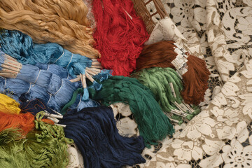 Funchal, Madeira, Portugal – April 28 2023: A close up of bright and colorful embroidery thread...