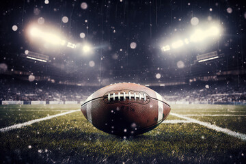 American football ball on the American football field. Generative AI - obrazy, fototapety, plakaty