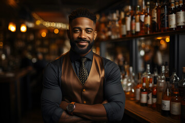 Black Male Bartender Employee Job Expertise Workplace Background - obrazy, fototapety, plakaty
