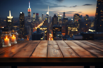 The empty wooden table top with blur background of NYC street. Exuberant image - obrazy, fototapety, plakaty