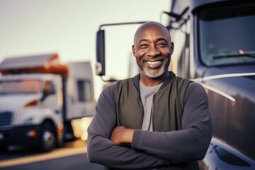 Confident truck driver, a mature professional, standing proudly beside the cargo vehicle with a cheerful smile. - obrazy, fototapety, plakaty