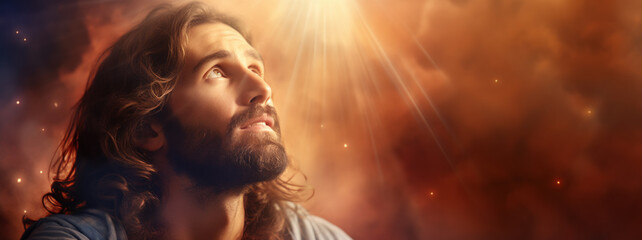 Portrait of Jesus with colorful bokeh, looking up