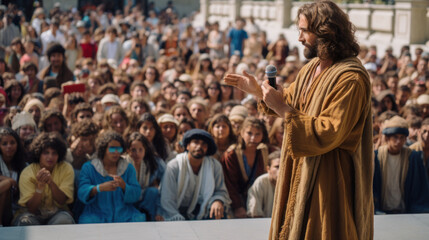 Naklejka premium Jesus Christ with microphone on stage, motivational speech