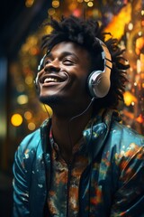 Happy young man with headphones, man listening to music, african american adult wears blue jacket.