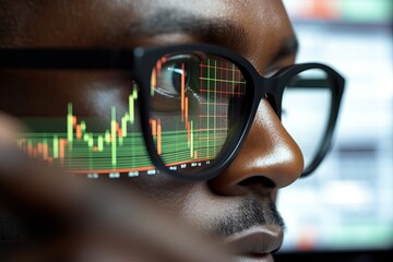 Business man trader broker analyst investor analyzing stock exchange trade crypto financial market looking at computer screen wearing glasses with stockmarket digital chart reflection, close up