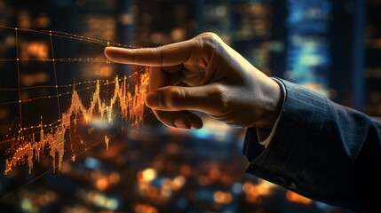 Navigate the world of finance as a businessman points to the upward trajectory of a metaverse technology financial graph‚Äîa symbol of success and growth in the digital economy. - obrazy, fototapety, plakaty
