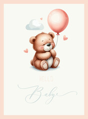 Cute baby shower watercolor invitation card with bear. Hello baby calligraphy.