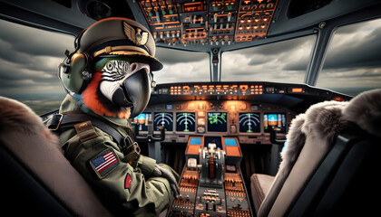 Parrot in pilot outfit in cockpit - obrazy, fototapety, plakaty