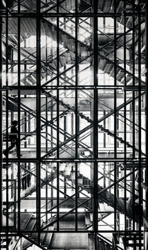Paris, France: complex staircase in the interior of Institut du monde arabe