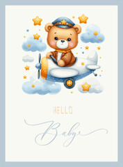Cute baby shower watercolor invitation card with bear pilot on an airplane. Hello baby calligraphy.