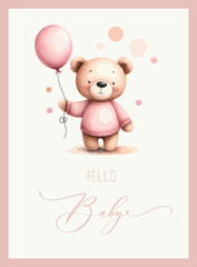 Obraz na płótnie Canvas Cute baby shower watercolor invitation card with bear. Hello baby calligraphy.