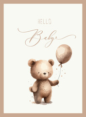 Cute baby shower watercolor invitation card with bear. Hello baby calligraphy.