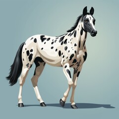 A spotted coated Appaloosa horse in full stance against a neutral background. Muscular build and bright coloring
