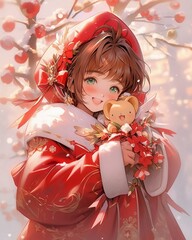Manga anime girl in Christmas costume, clutching an adorable teddy bear, exudes festive charm and kawaii vibes with joyful expressions and holiday spirit.