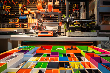 Drawer with colorful compartments for parts. Home workshop. Wall with tools. 3d printers.