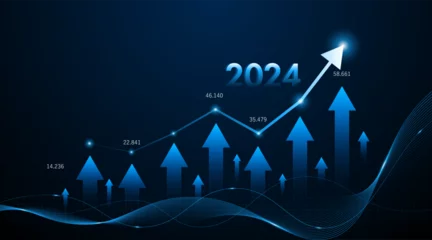 Foto op Canvas Arrow pointing upwards for future company growth in 2024. Stock market graph with rising candles. Ideas for growing a profitable business or investment © Natt