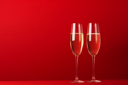 Conceptual image with two champagne. Romantic for St. Valentine's day. Close up, copy space. Red background for different romantic occasions