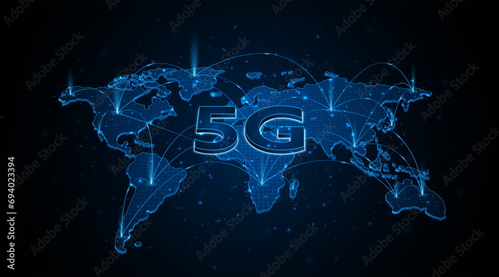 Poster 5g wireless internet network connectivity around the world. world map. internet technology concept o