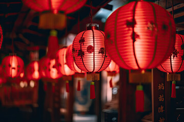 Close up of Red Chinese lanterns, festive atmosphere 