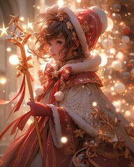 A manga anime cutie, adorned in a festive Christmas costume, radiates charm with adorable features, spreading joy and holiday cheer.