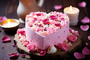 Heart shape pink cream cake top view, Valentine bakery 