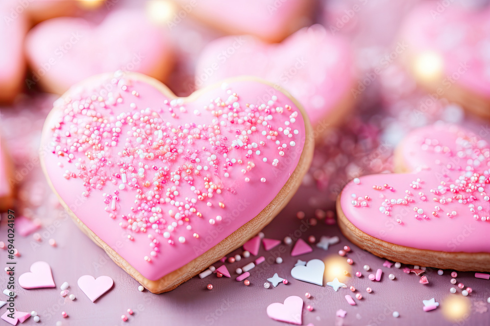 Wall mural Close up of a pink heart shaped sugar cookies, Valentine Bakery  - Wall murals