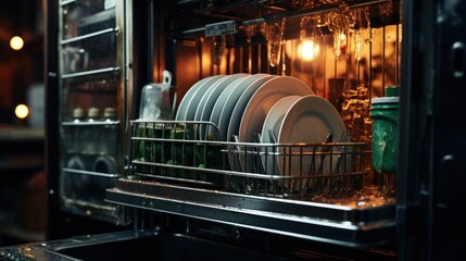 A dishwasher with a rack full of clean dishes in it, AI - obrazy, fototapety, plakaty