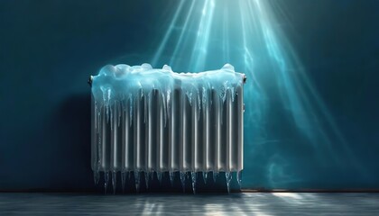 Struggle of an energy crisis in winter with a frozen radiator. The cold blue tones and the ice symbolize the lack of heating and the broader implications of energy scarcity during the colder months. - obrazy, fototapety, plakaty