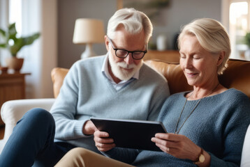 Obraz premium happy couple senior man and woman Using a tablet together in the living room On a soft sofa, check family financial information, update good news Investment income Enjoy a great retirement.