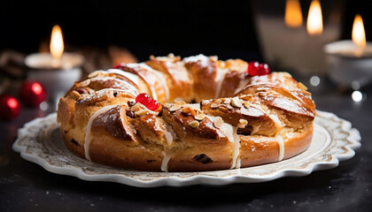 A traditional Roscon de Reyes, a ring-shaped pastry adorned with candied fruit and nuts, dark...