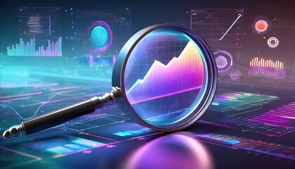Magnifying glass over dynamic data analytics, representing the meticulous process of SEO and data interpretation. Ultraviolet modern background, digital landscape where data is a pivotal element.