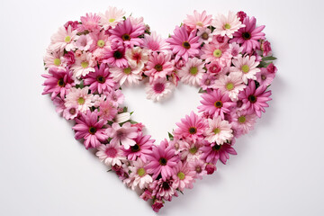 Pink flowers arranged in a heart on  a white background, Valentine's Day background 