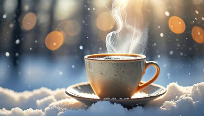 Fototapeta premium Steaming Coffee Cup on Snowy Ledge in Sunlight. A warm cup of coffee exudes steam on a snow-covered surface, with sunlight filtering through