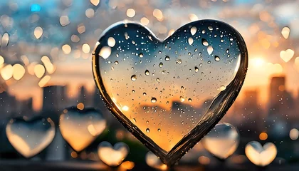 Fotobehang Romantic Raindrops on Window Pane with Heart Reflection and Cityscape. A vision of romance in urban rain, with a heart reflection on a rain-speckled window and the city's silhouette in the distance © Juri_Tichonow
