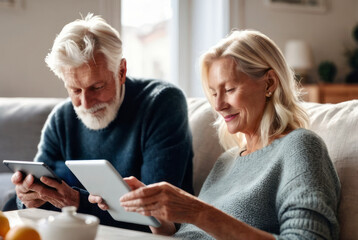 happy couple senior man and woman Using a tablet together in the living room On a soft sofa, check family financial information, update good news Investment income Enjoy a great retirement.