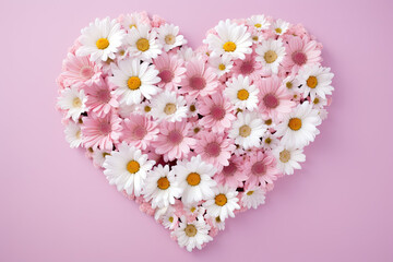 Pink flowers arranged in a heart on  a white background, Valentine's Day background 