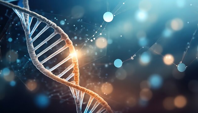Digital DNA Helix Symbolizing Modern Biotechnology Advancements. A DNA strand illuminated by digital nodes, signifying the intersection of biology and cutting-edge technology - Powered by Adobe