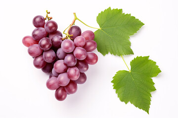 Fototapeta premium Isolated top-view of halved red grapes with verdant foliage on a white backdrop.