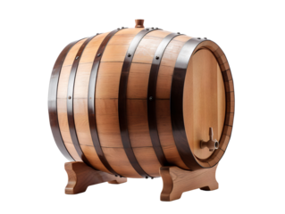 Classic Oak Wooden Wine Barrel with Tap, isolated on a transparent or white background