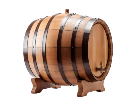 Classic Oak Wooden Wine Barrel with Tap, isolated on a transparent or white background