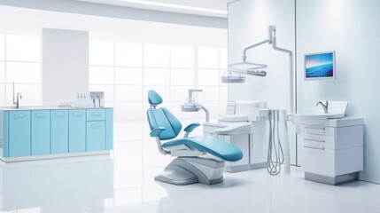 A dentist's office with a blue chair and sink in the middle, AI