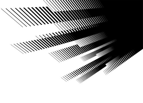 Vector transition from black to white with flying stripes in perspective. Modern line pattern. Abstract separated vector background in retro style.