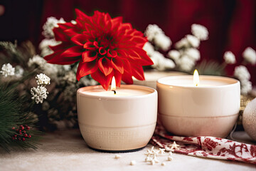 Obraz na płótnie Canvas Scented floral candle, aromatherapy, cosy and comfort atmosphere 