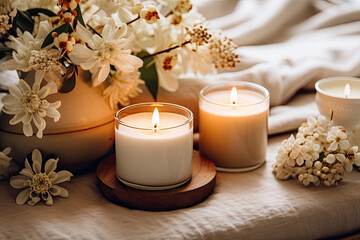Scented floral candle, aromatherapy, cosy and comfort atmosphere 