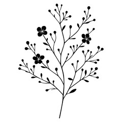 minimal Blooming floral branch silhouette vector illustration, white background
