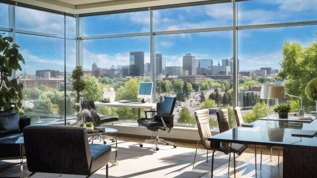 Cozy modern office space by the window with a beautiful view. seamless looping time-lapse virtual video animation background. Generated AI