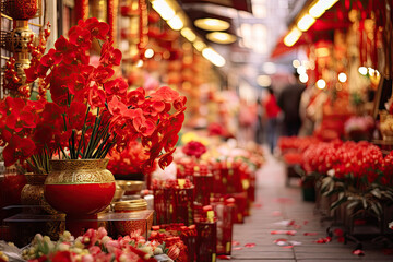 Bustling marketplace with flowers around 
