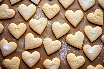 Fototapeta na wymiar Heart-shaped sugar cookies top view, Valentine Bakery 