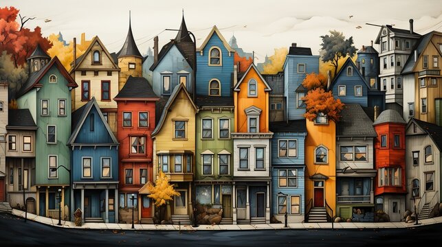 Cartoonish image of buildings on city street.
