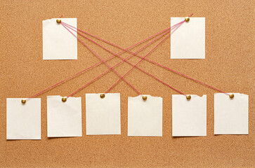 Blank paper notes are pinned to a cork board. The concept of detective investigation. Copy space.
